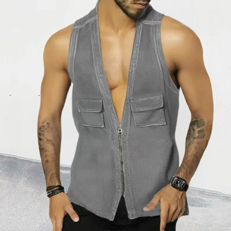 Wiaofellas  -  Men Vest Thin Coats Denim Waistcoat For Men Hop Streetwear Clothing Zipper With Pockets Solid Color Soft Cardigan Tank Tops