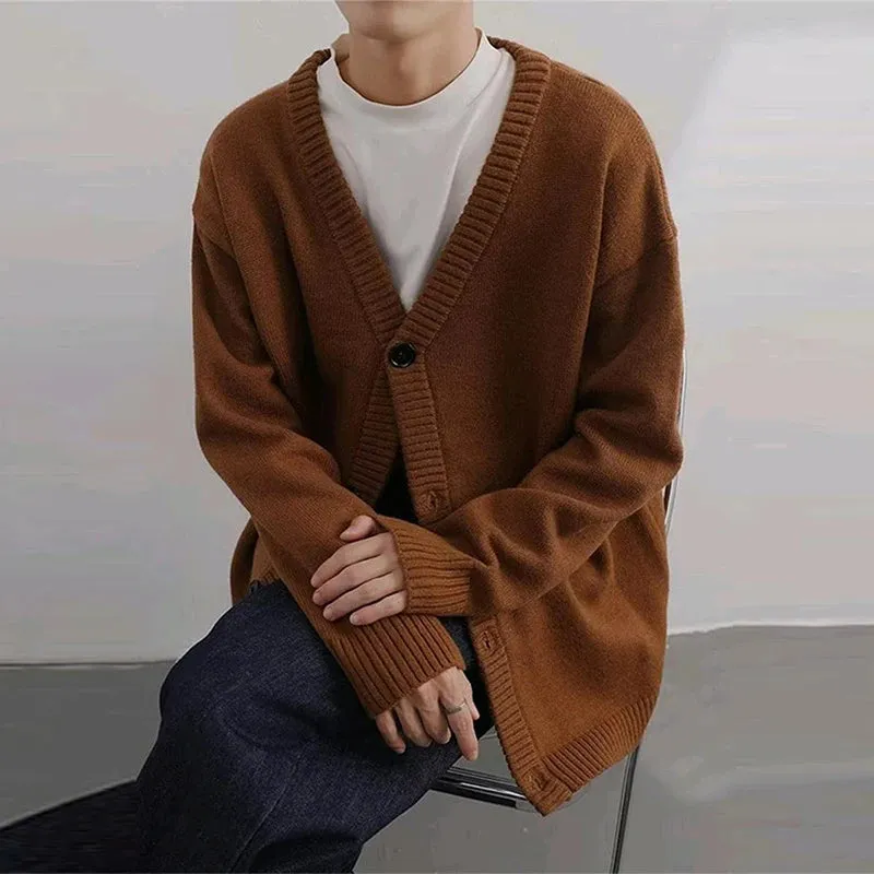 Wiaofellas  -  Men's Korean Review Clothes Luxury Retro Knit V Neck Cardigan Long Sleeve Streetwear Stylish Sweater Leisure Fashion Knitwear