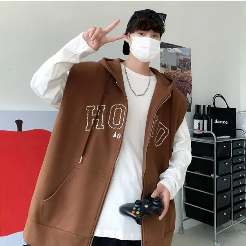 Wiaofellas Sleeveless Cardigan Hoodie Men Vest Sweatshirts Streetwear Casual Oversized Jackets Korean Fashion Hip Hop New Biker