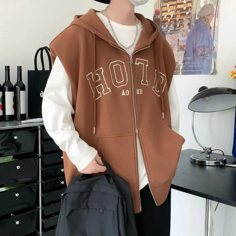 Wiaofellas Sleeveless Cardigan Hoodie Men Vest Sweatshirts Streetwear Casual Oversized Jackets Korean Fashion Hip Hop New Biker