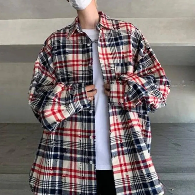 Wiaofellas  -  Streetwear Retro Plaid Printed Turn Down Collar Oversize Shirts Fashion Long Sleeve New Autumn Cardigan Fashion Hole Style Top