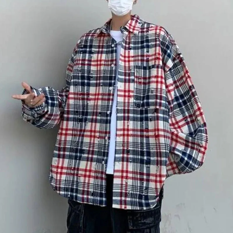 Wiaofellas  -  Streetwear Retro Plaid Printed Turn Down Collar Oversize Shirts Fashion Long Sleeve New Autumn Cardigan Fashion Hole Style Top