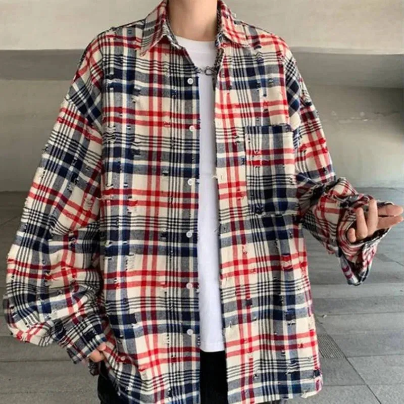 Wiaofellas  -  Streetwear Retro Plaid Printed Turn Down Collar Oversize Shirts Fashion Long Sleeve New Autumn Cardigan Fashion Hole Style Top