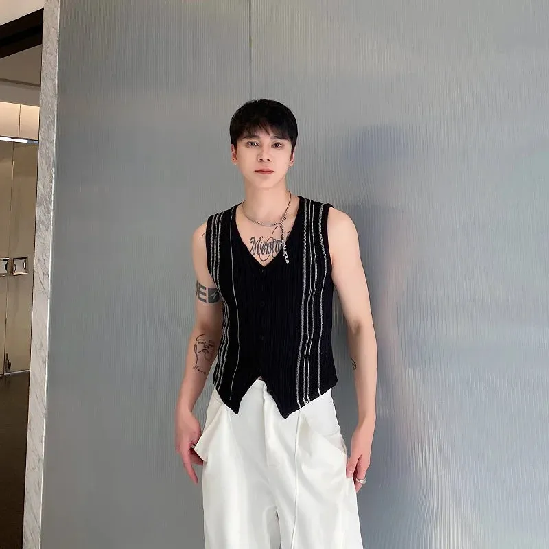 Wiaofellas  -  Summer Cardigan Knitted Tank Top Simple Korean Style Streetwear Casual Men's Trendy Waistcoat Striped Contrast Color