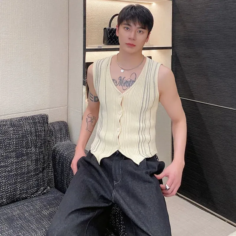 Wiaofellas  -  Summer Cardigan Knitted Tank Top Simple Korean Style Streetwear Casual Men's Trendy Waistcoat Striped Contrast Color