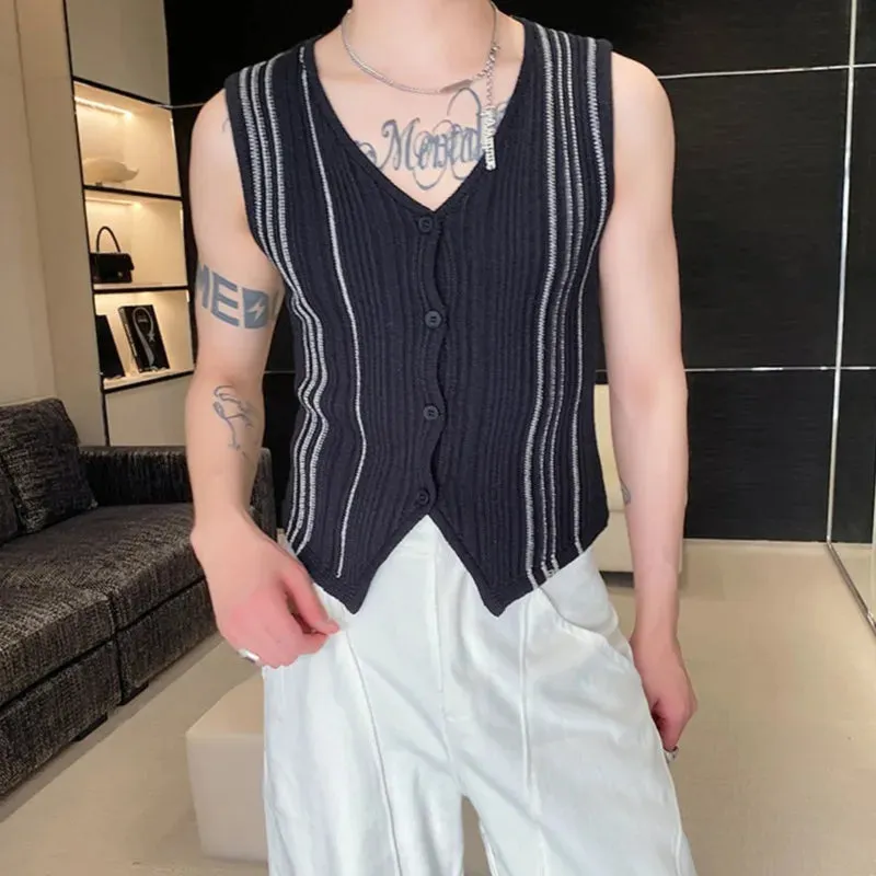 Wiaofellas  -  Summer Cardigan Knitted Tank Top Simple Korean Style Streetwear Casual Men's Trendy Waistcoat Striped Contrast Color