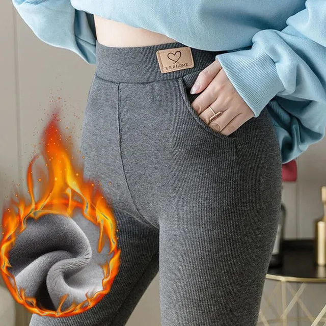 Wjczt High Waist Soft Winter Pocket Leggings for Women Fleece High Waist Thick Pants Velvet Thermal Grey Women&#39;s Warm Leggings