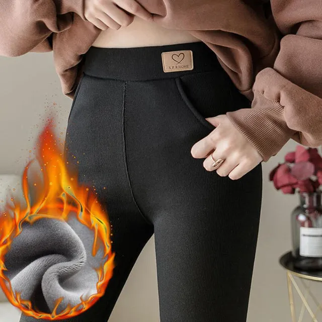 Wjczt High Waist Soft Winter Pocket Leggings for Women Fleece High Waist Thick Pants Velvet Thermal Grey Women&#39;s Warm Leggings