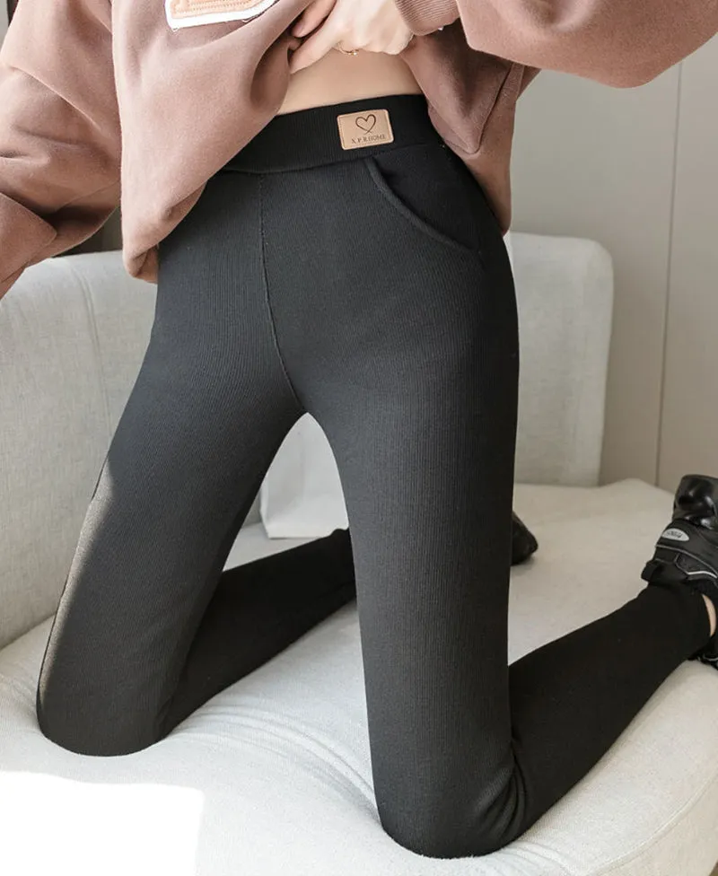 Wjczt High Waist Soft Winter Pocket Leggings for Women Fleece High Waist Thick Pants Velvet Thermal Grey Women&#39;s Warm Leggings