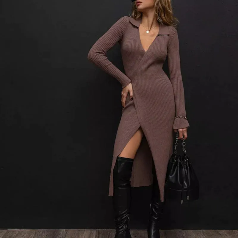 Wjczt skater boy outfits 2024 Autumn and Winter New Hepburn Style Sweater Dress Women's Lace-up Long Sleeve Polo Collar Dress Women