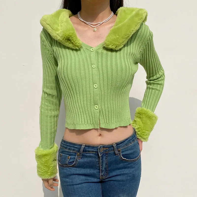 Woman Cardigan Sweaters With Fur Trim Collar Women Cropped Sweater