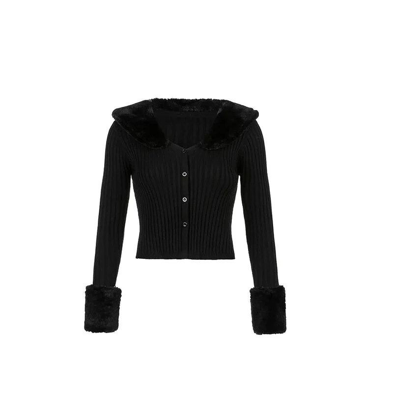 Woman Cardigan Sweaters With Fur Trim Collar Women Cropped Sweater