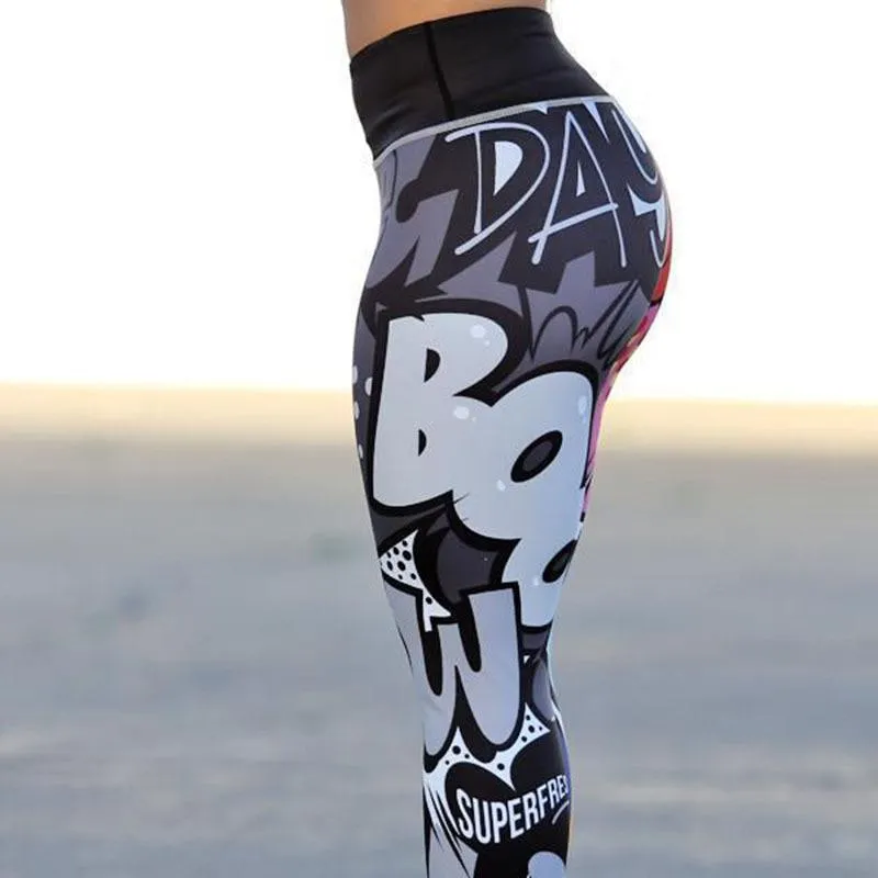 Women Stylish Comic Digital Print High Waist Push Up Workout Leggings Pants