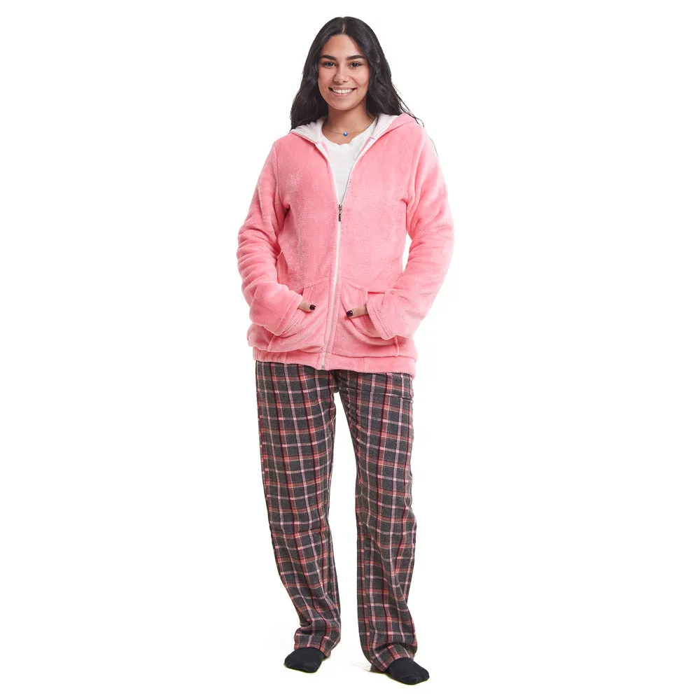 Women Winter Pajama 3 PCS Set Simon Sweatshirt  Off-white top  Pink x Dark Grey Checkered Pants