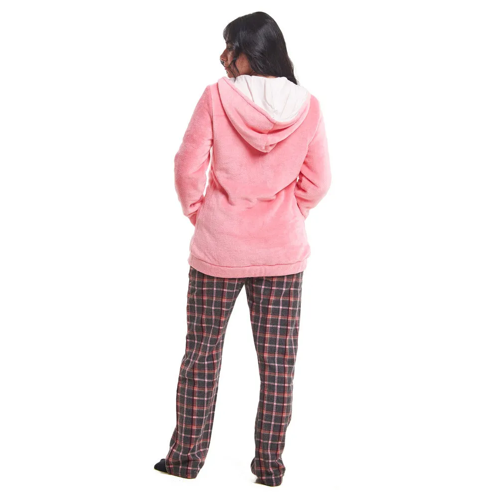 Women Winter Pajama 3 PCS Set Simon Sweatshirt  Off-white top  Pink x Dark Grey Checkered Pants