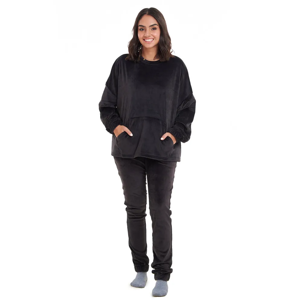 Women Winter Pajama Set Black Sweatshirt   Pants