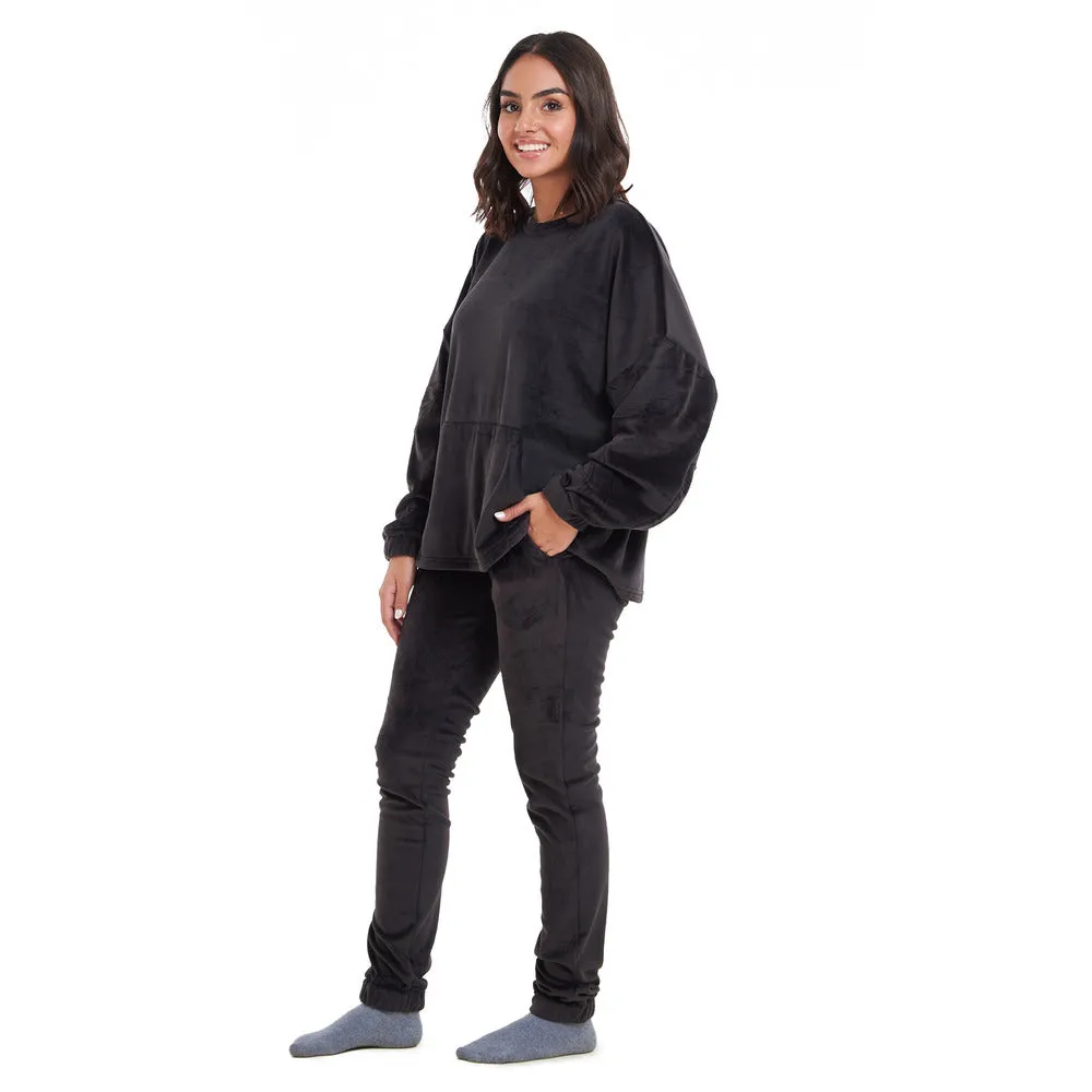 Women Winter Pajama Set Black Sweatshirt   Pants