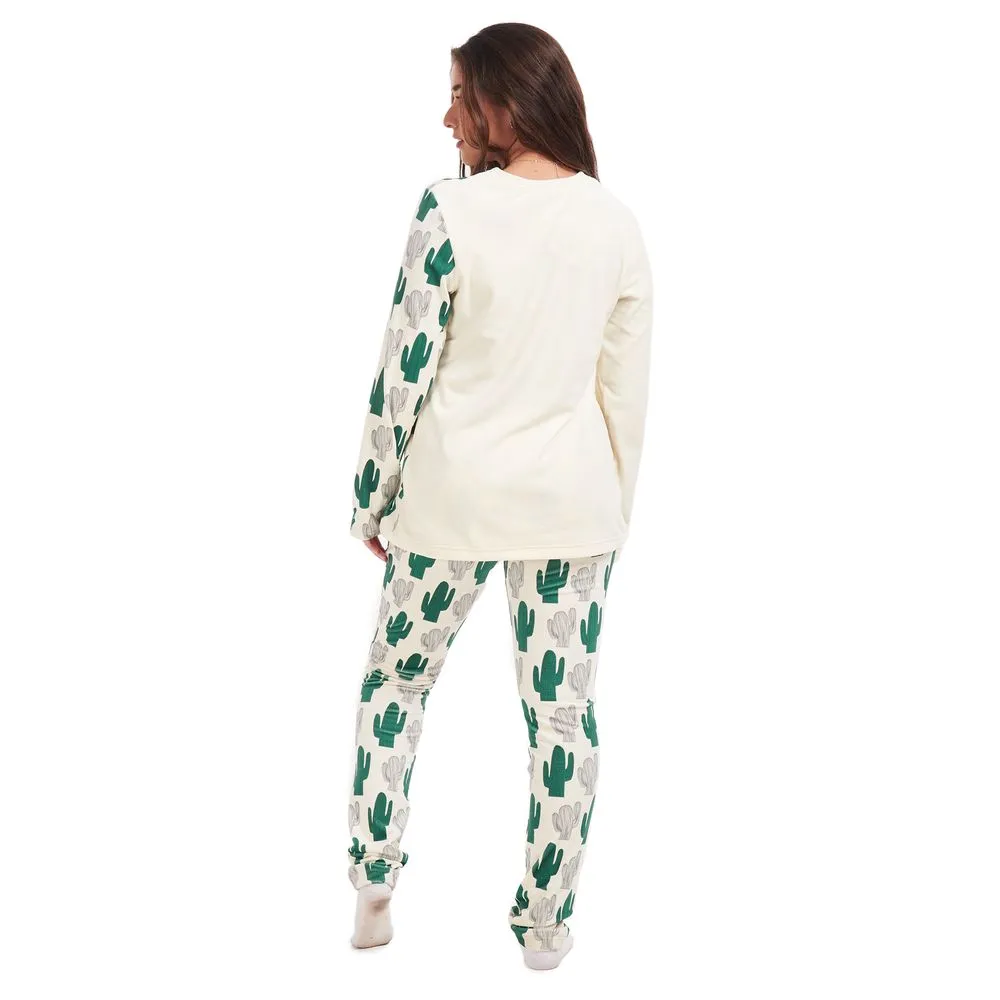 Women Winter Pajama Set Cactus buttoned sweatshirt   pants