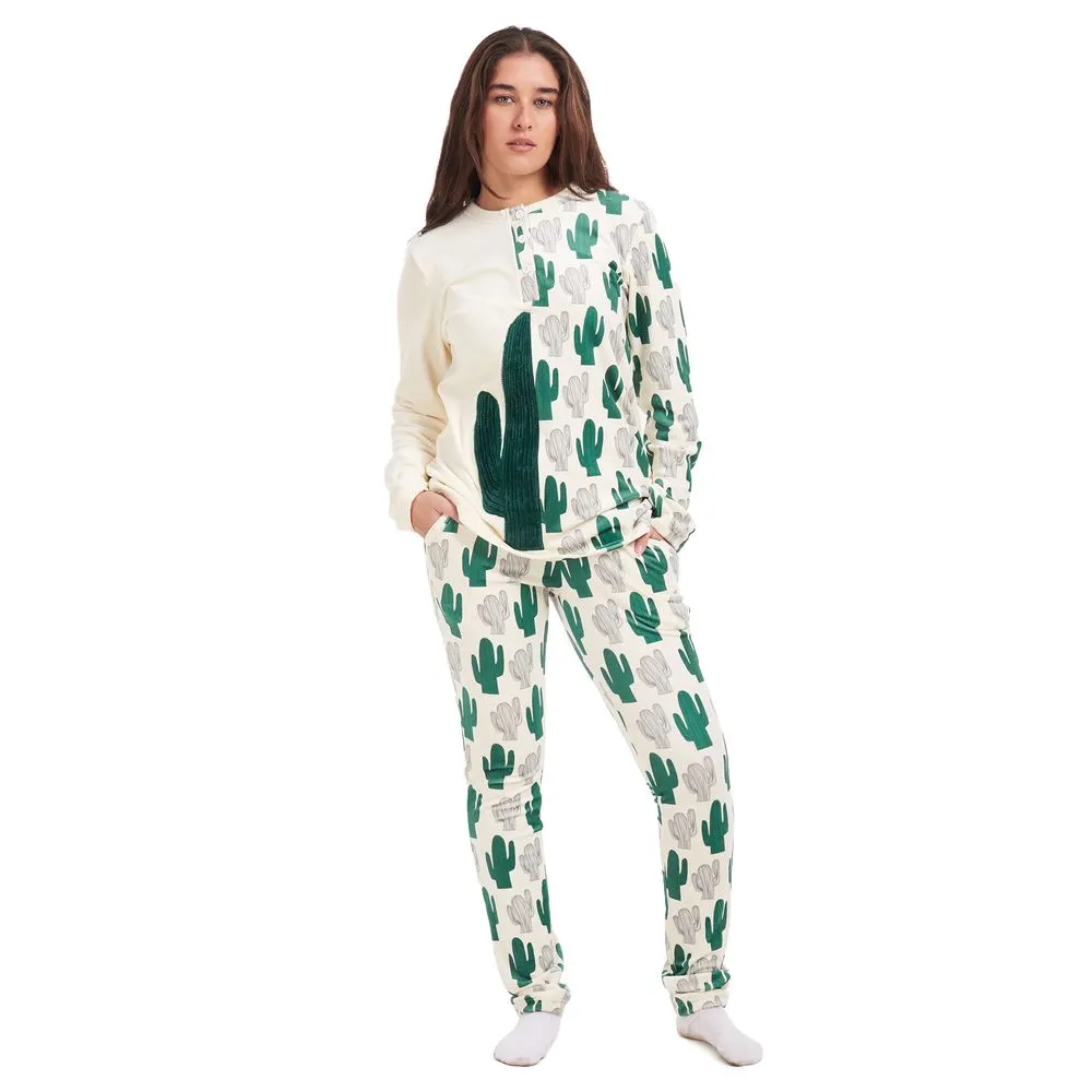 Women Winter Pajama Set Cactus buttoned sweatshirt   pants