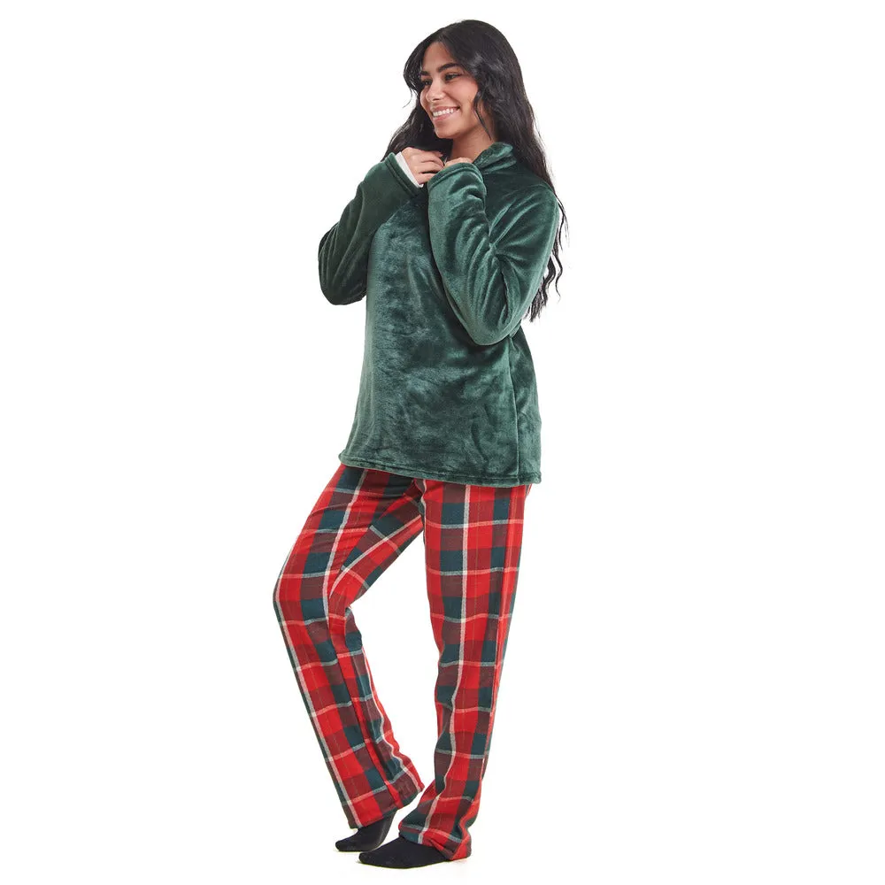 Women Winter Pajama Set Dark Green Sweatshirt   Dark Green x Red Checkered Pants