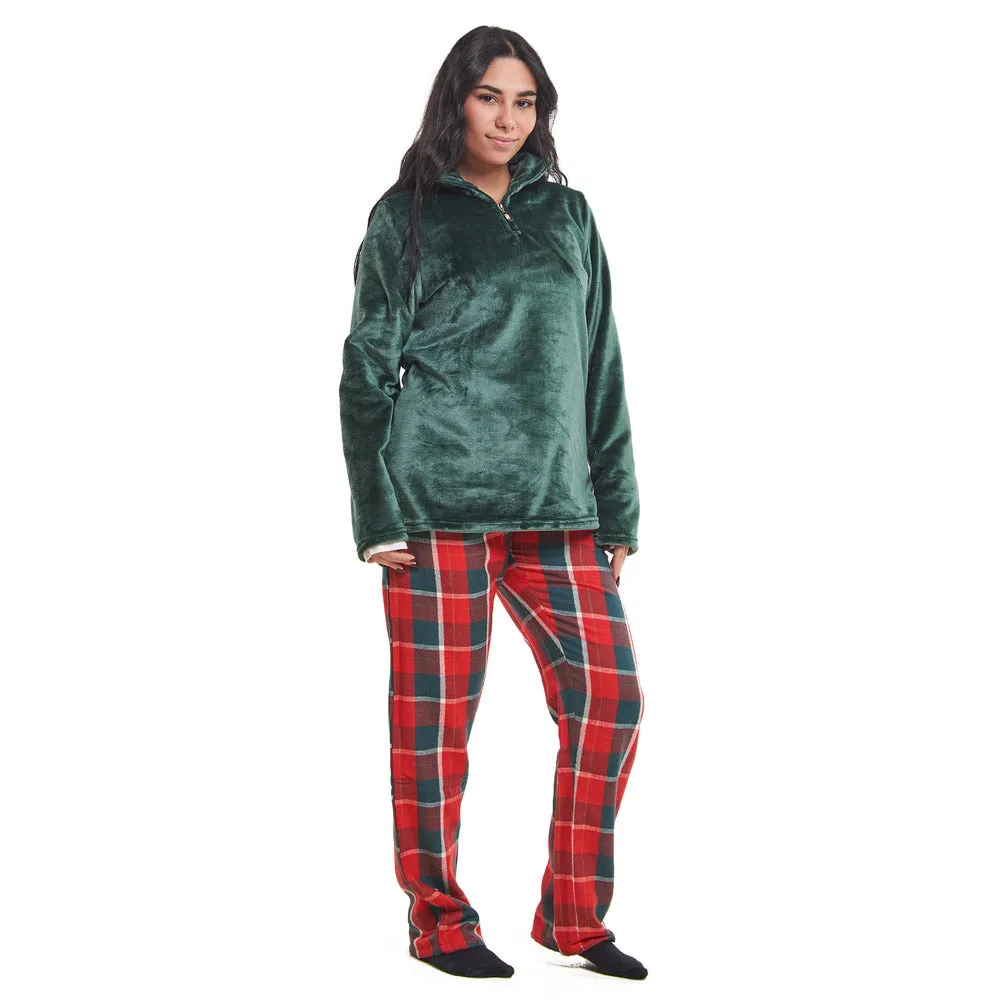 Women Winter Pajama Set Dark Green Sweatshirt   Dark Green x Red Checkered Pants