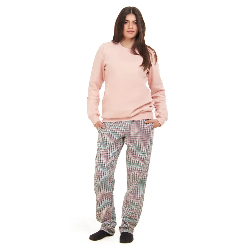 Women Winter Pajama Set Pink Sweatshirt   Pink x Aqua Checkered Pants