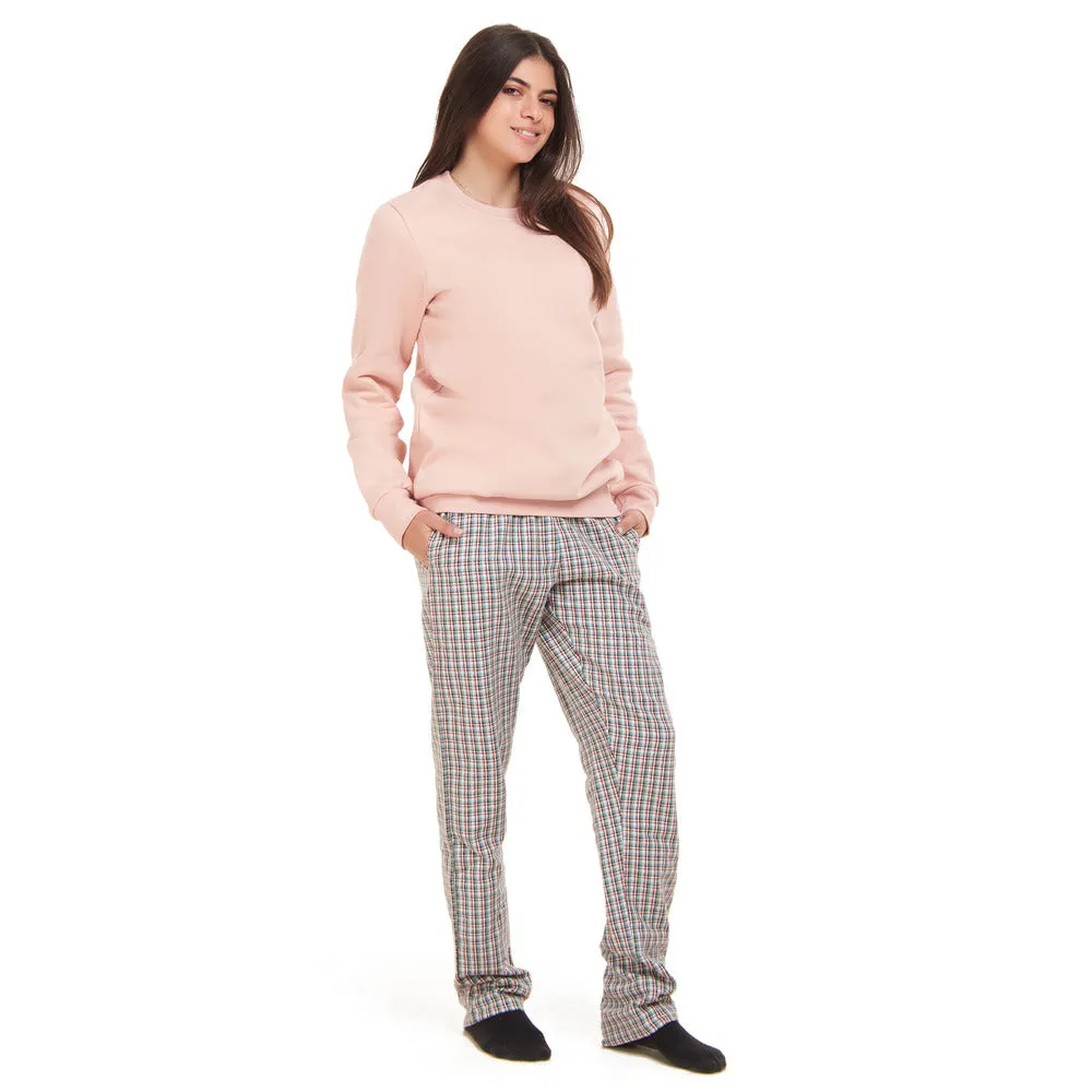 Women Winter Pajama Set Pink Sweatshirt   Pink x Aqua Checkered Pants