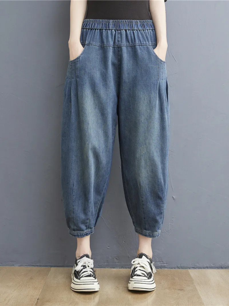 Women's summer elastic  waist thin loose denim casual pants