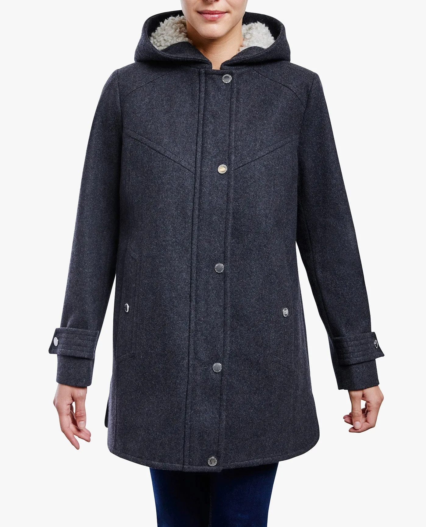 ZIP-FRONT SHERPA LINED HOOD WOOL JACKET