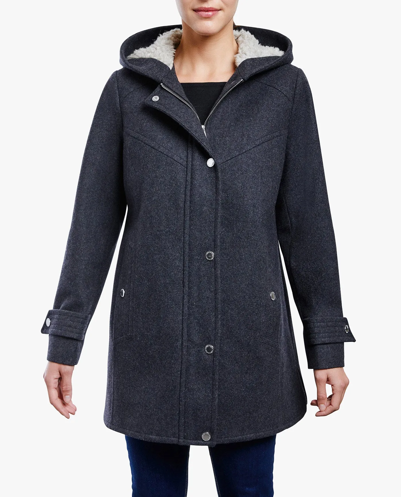 ZIP-FRONT SHERPA LINED HOOD WOOL JACKET